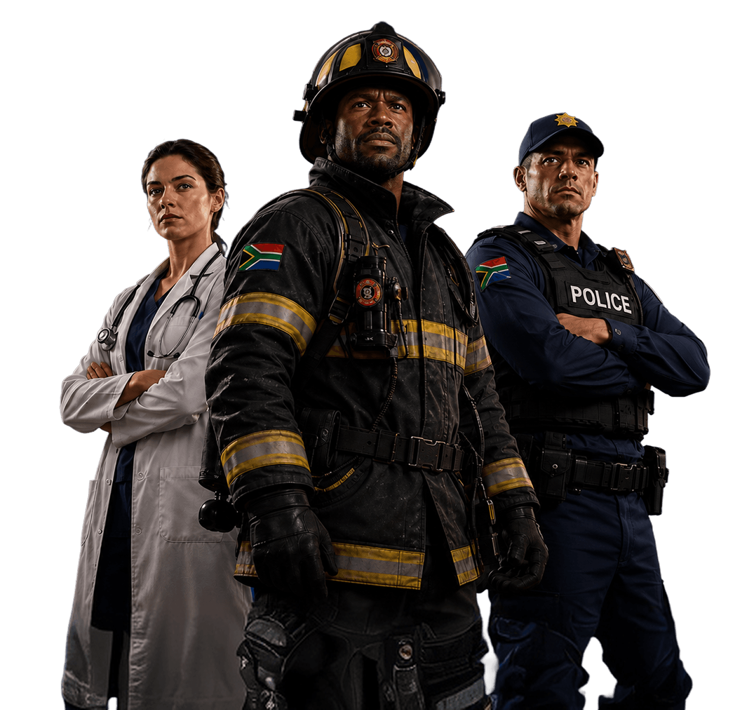 Deliva emergency responders — doctor, firefighter and police officer